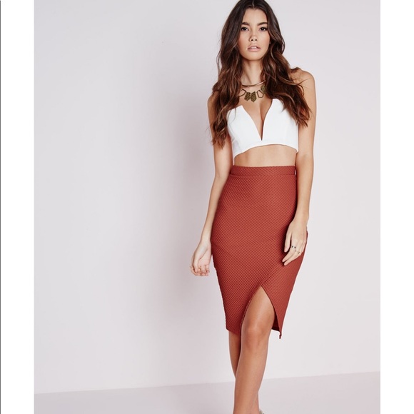 Missguided Textured Wrap Front Midi Skirt Rust - Picture 2 of 9